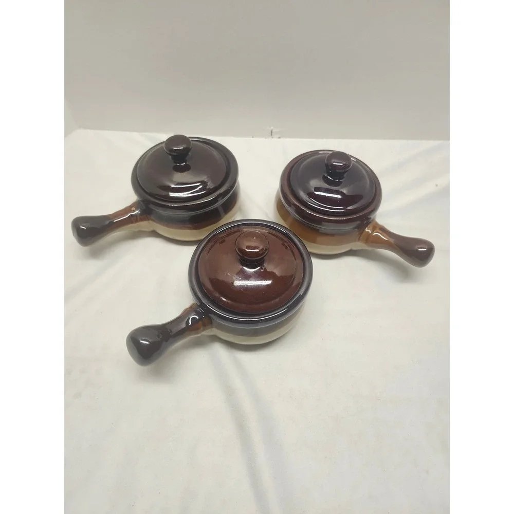 Vintage Brown Glazed Ceramic French Onion Soup Crocks with Lids Set of 3